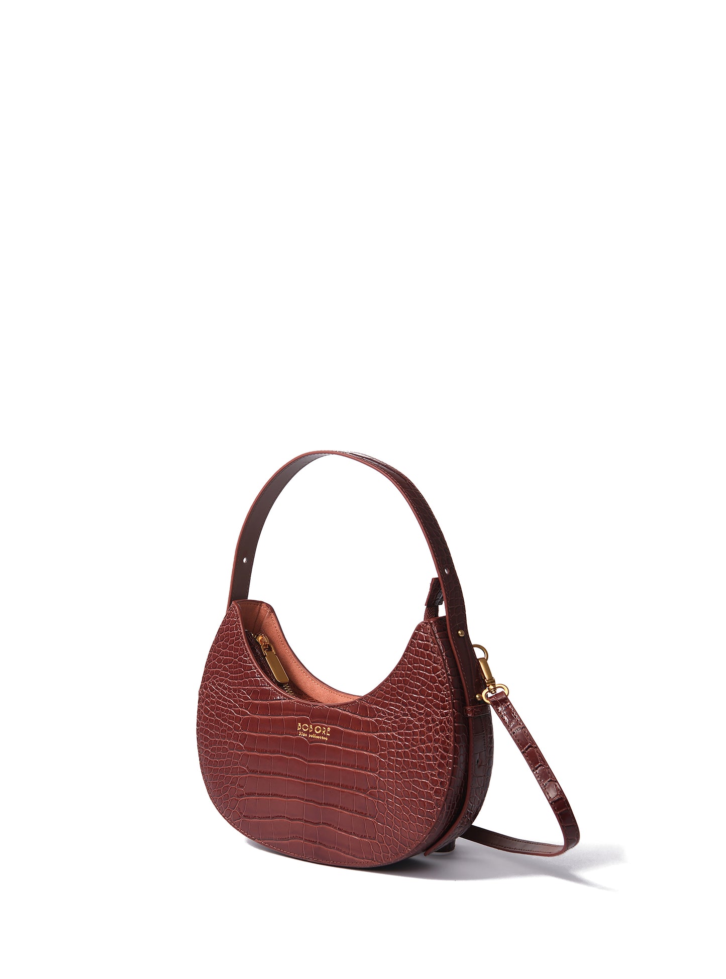 Naomi Leather Moon Bag with Croc-Embossed Pattern, Caramel